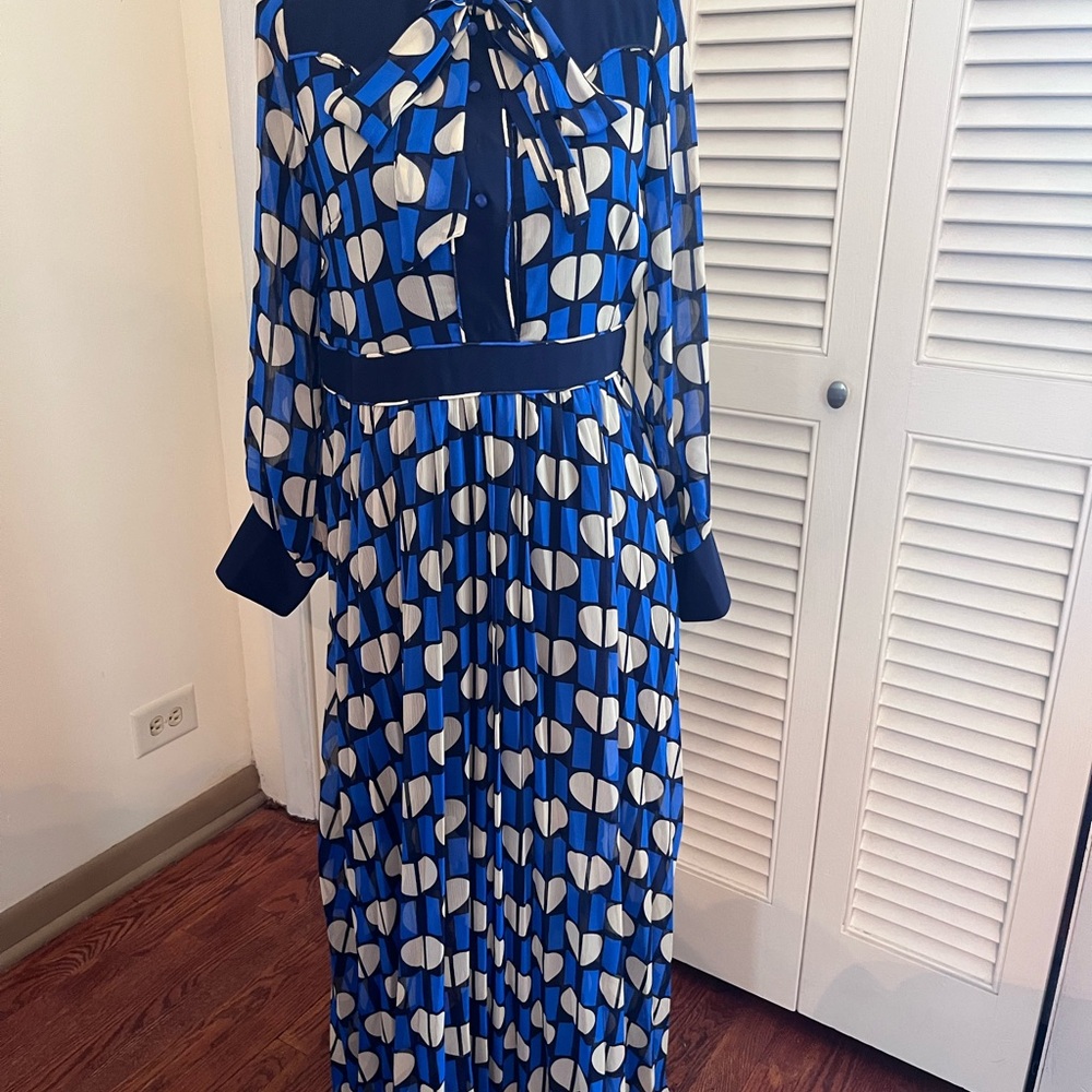Blue and White Geometric Long Sleeve Maxi Dress